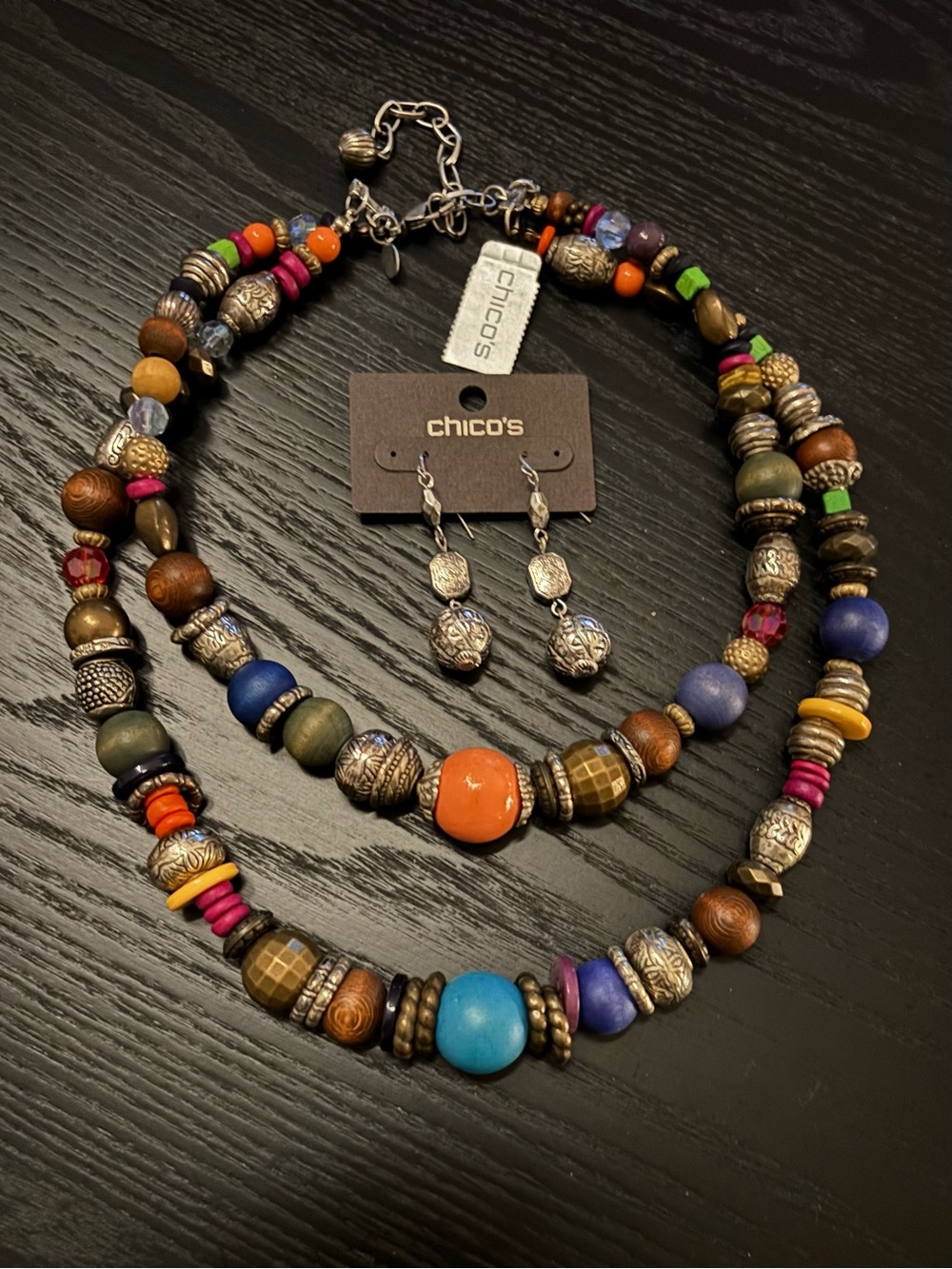 Vintage Chico’s Lazia Double Strand Necklace & Earrings Multi Color Chunky Beads